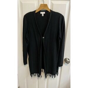 Susan Graver M One Button Slub Knit Fringe Hem V Neck Cardigan Black Preowned​